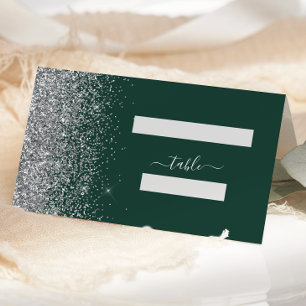 Dark Emerald Green Silver Glitter Edge Wedding Place Card