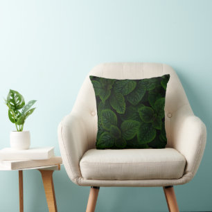 Dark Emerald Green Textured Leaves Pattern Cushion
