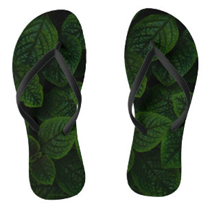 Dark Emerald Green Textured Leaves Pattern Flip Flops