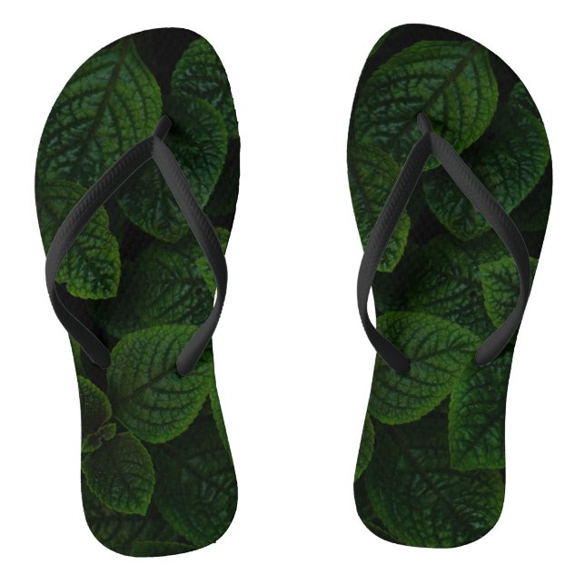 Dark Emerald Green Textured Leaves Pattern Flip Flops (Footbed)