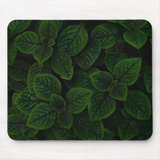 Dark Emerald Green Textured Leaves Pattern Mouse Mat (Front)