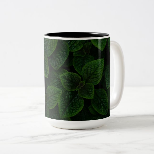 Dark Emerald Green Textured Leaves Pattern Two-Tone Coffee Mug (Front Right)