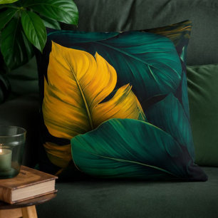 Dark Emerald Tropical Leaves Gold Yellow Botanical Cushion
