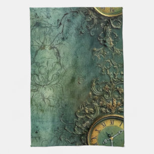 Dark Emerald Vintage Steampunk Clock Tea Towel