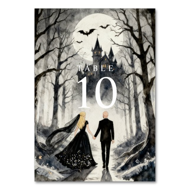 Dark Enchanted Gothic Spooky Wedding Couple Forest Table Number (Front)