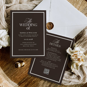 Dark Espresso Brown Luxe RSVP QR Code Wedding Invitation