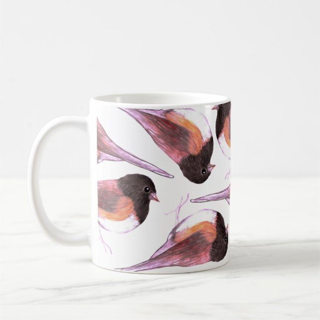 Dark eyed junco birds watercolor painting coffee mug (Left)