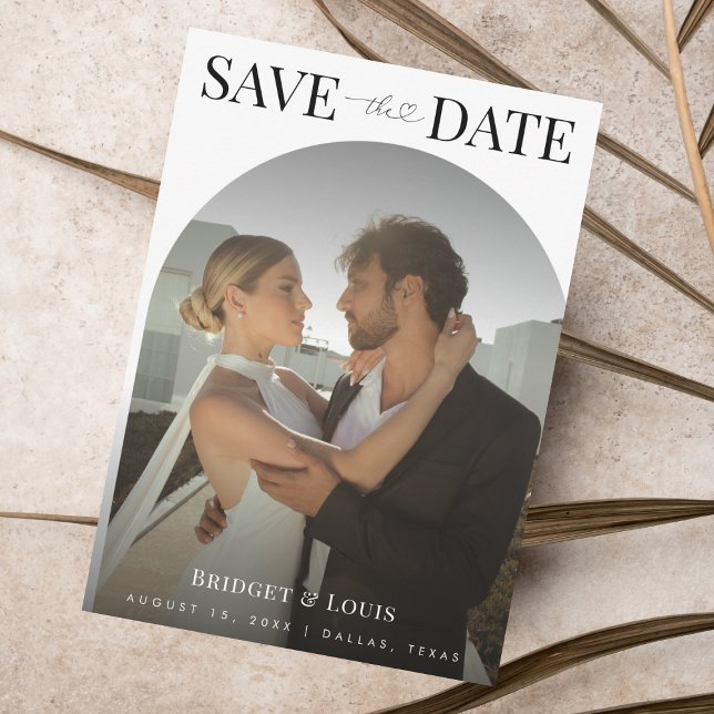 Dark Faded Arch Photo Heart Script Minimal Wedding Save The Date (Creator Uploaded)