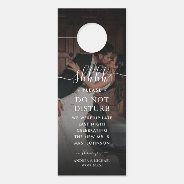 Dark Faded Photo Elegant Black Wedding Party Hotel Door Hanger (Front)
