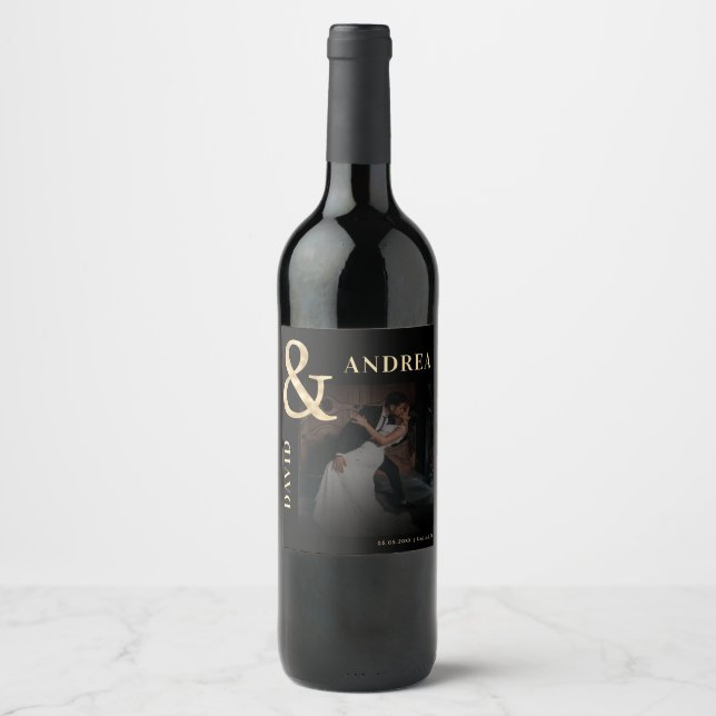 Dark Faded Photo & Gold Ampersand Black Wedding Wine Label (Front)
