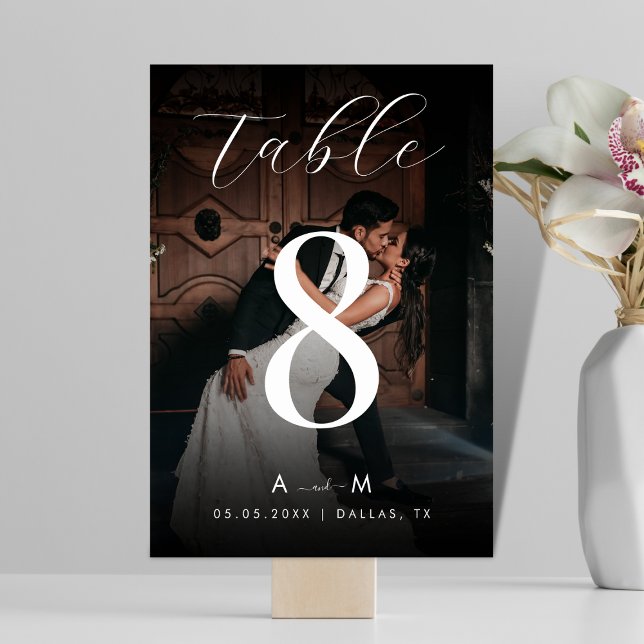 Dark Faded Photo & Monogram Elegant Black Wedding Table Number (Creator Uploaded)