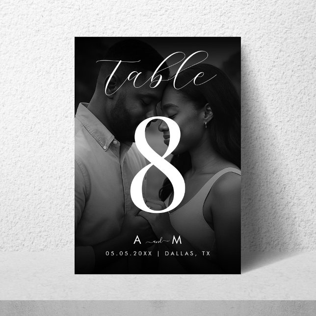 Dark Faded Photo & Monogram Elegant Black Wedding Table Number (Creator Uploaded)