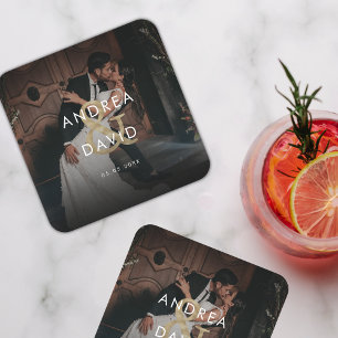 Dark Fading Photo & Monogram Elegant Black Wedding Square Paper Coaster