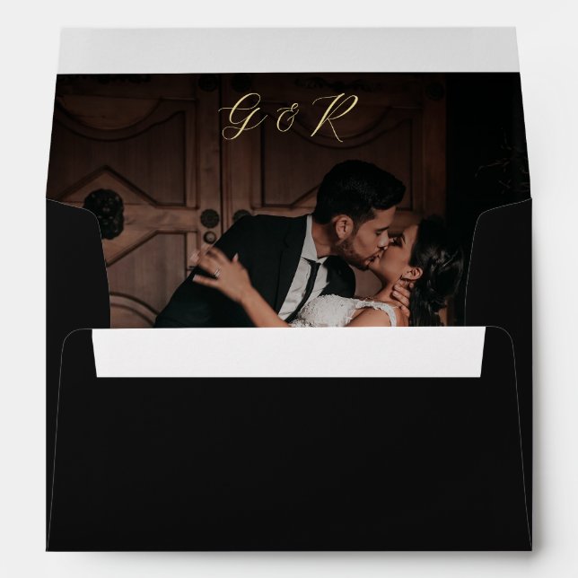 Dark Fading Photo Script Monogram Elegant Wedding Envelope (Back (Bottom))