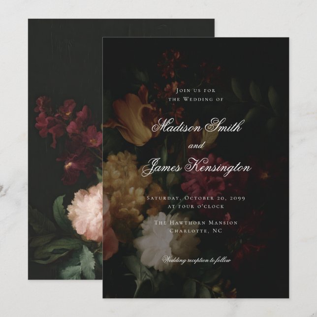 Dark Fall Flowers Calligraphy Black Wedding Invitation (Front/Back)