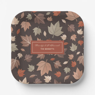 Dark Fall Leaves Family Name Thankful Blessed Paper Plate