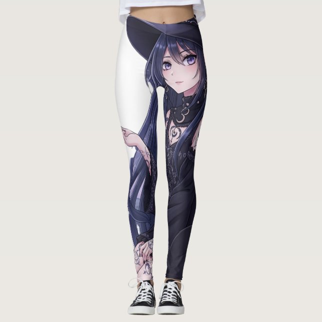 Dark Fantasy Anime Girl & Gothic Black Cat Art Leggings (Front)