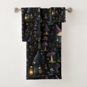 Dark Fantasy Gnome and Mushroom Pattern Bath Towel Set