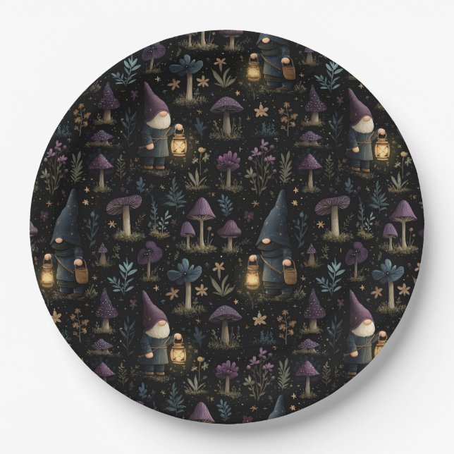 Dark Fantasy Gnome and Mushroom Pattern Paper Plate (Front)
