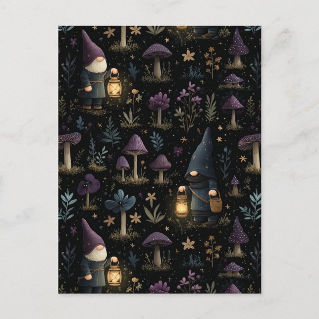 Dark Fantasy Gnome and Mushroom Pattern Postcard (Front)