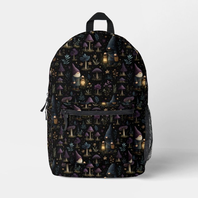 Dark Fantasy Gnome and Mushroom Pattern Printed Backpack (Front)