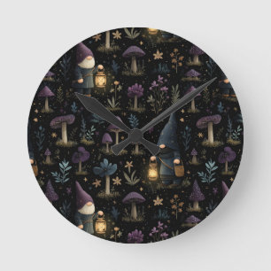 Dark Fantasy Gnome and Mushroom Pattern Round Clock
