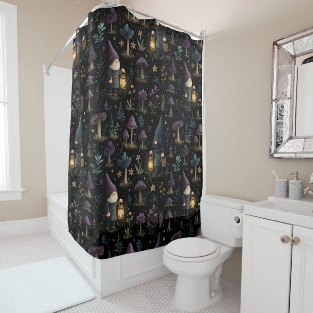 Dark Fantasy Gnome and Mushroom Pattern Shower Curtain (In Situ)