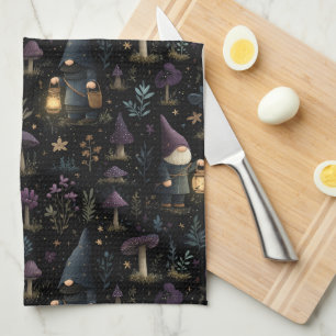 Dark Fantasy Gnome and Mushroom Pattern Tea Towel