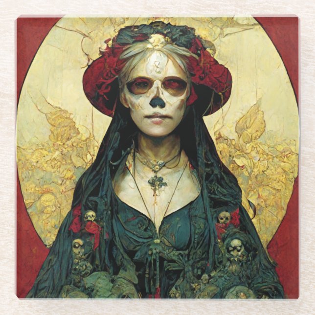 Dark Fantasy Gothic Skull Woman Glass Coaster (Front)