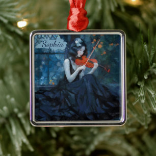 Dark Fantasy Gothic Violinist in Moonlit Garden Metal Tree Decoration