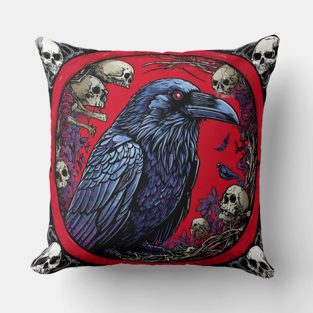 Dark Fantasy Raven & Skulls Decorative  Cushion (Front)