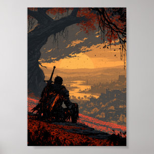Dark Fantasy Resting Knight Overlooking Sunset Lan Poster