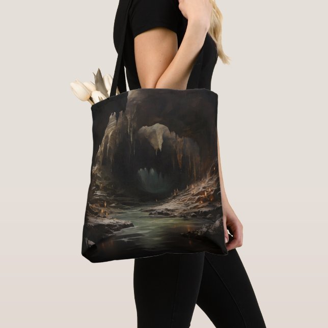 Dark Fantasy River Cave Tote Bag (Close Up)