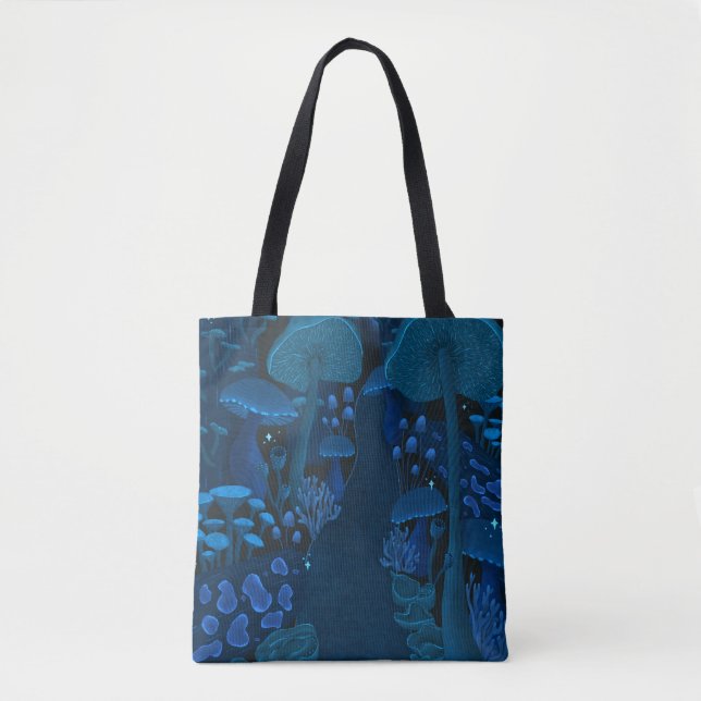 Dark Fantasy Shroomy Wonderland Blue & Green Tote Bag (Front)