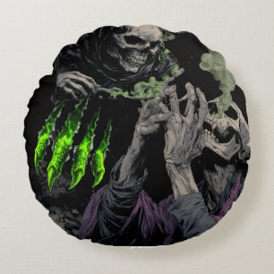 Dark Fantasy Skeletal Reaper & Acid Green Energy Round Cushion