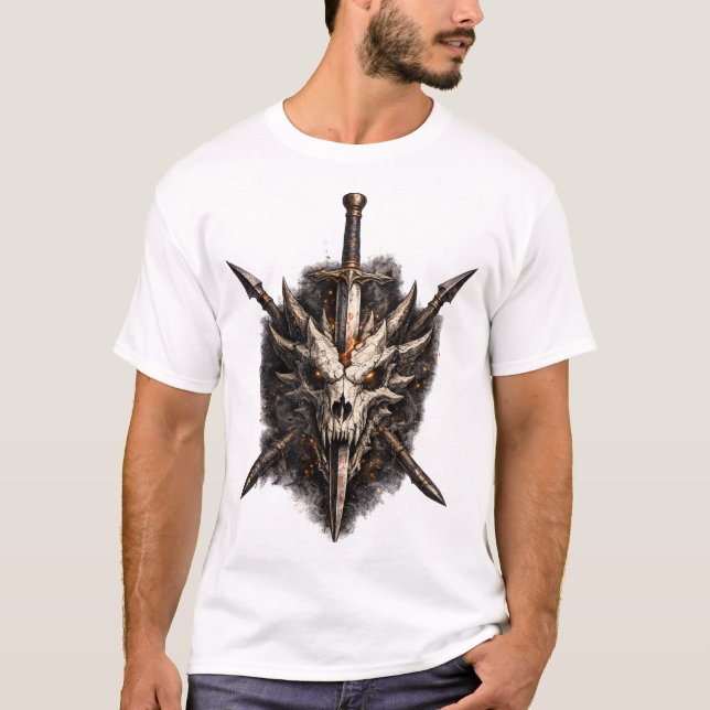 Dark Fantasy Skull Sword Warrior Emblem T-Shirt (Front)