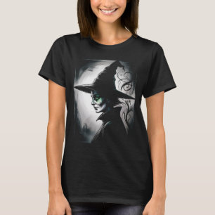 Dark Fantasy Witch Portrait Silver Green Eyes Goth T-Shirt