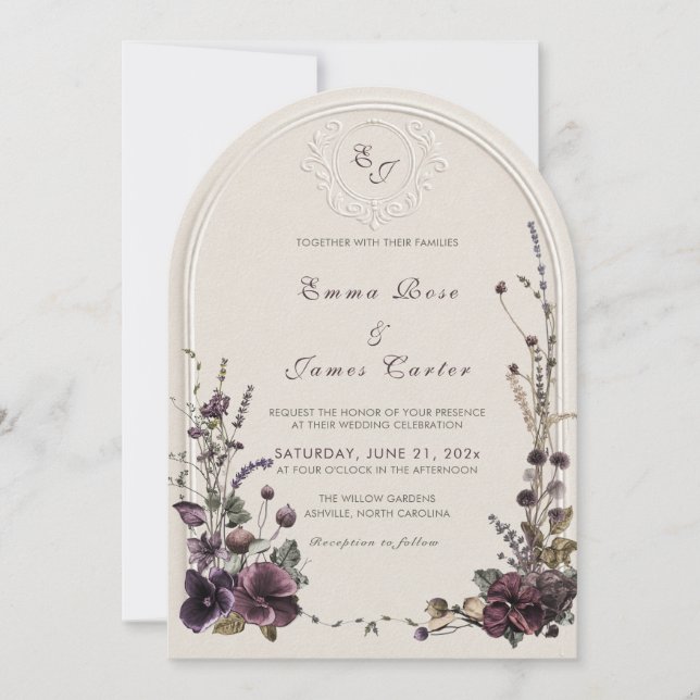 Dark Fig Monogram Dried Botanical Arch Wedding QR Invitation (Front)