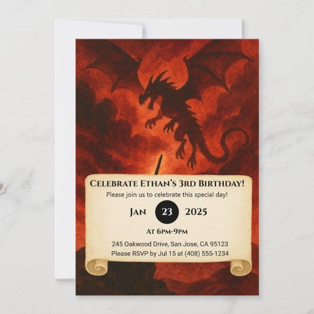 Dark Fire Dragon Birthday Invitation (Front)