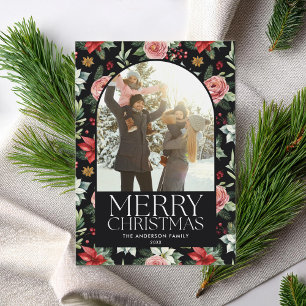 Dark Floral Arch Photo Frame Merry Christmas Holiday Card