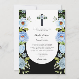 Dark Floral Arch Religious Cross Wedding Invitation