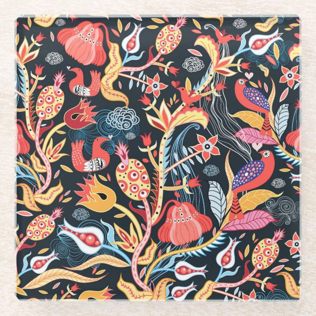 Dark Floral Birds: Ornamental Pattern. Glass Coaster (Front)