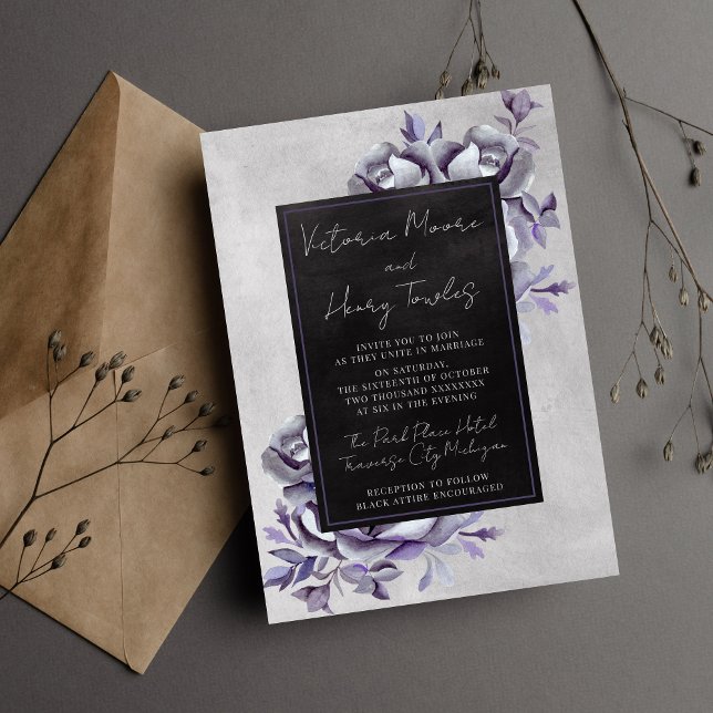 Dark Floral Black Gothic Purple Moody Wedding Invitation (Creator Uploaded)