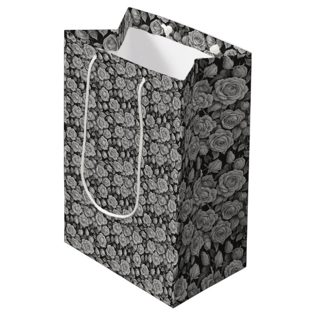 Dark Floral Black Grey Roses Aesthetic Medium Gift Bag (Front Angled)