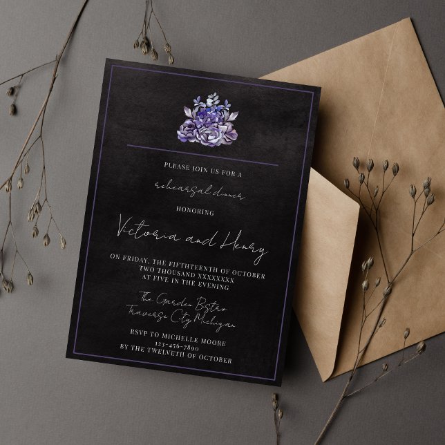 Dark Floral Black Moody Purple Rehearsal Dinner Invitation (Creator Uploaded)