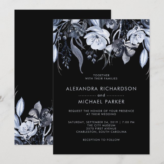 Dark Floral | Black Watercolor Wedding Invitation (Front/Back)