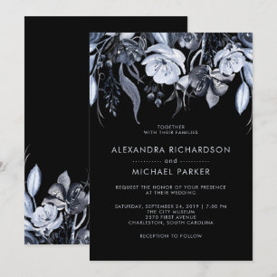 Dark Floral   Black Watercolor Wedding Invitation