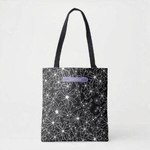 Dark Floral Black White Pattern Purple Name Tote Bag