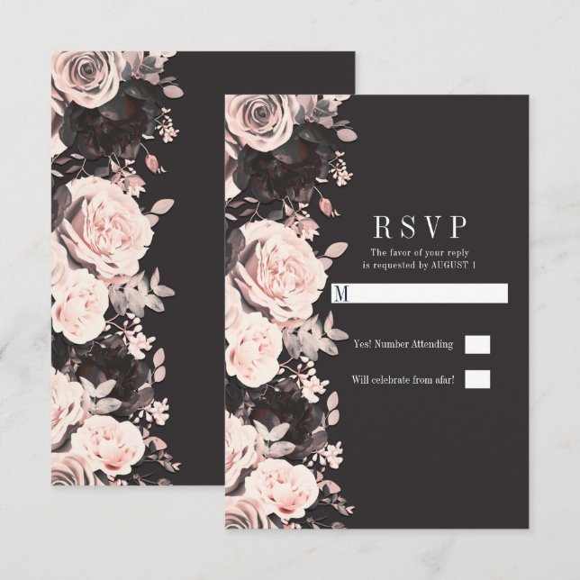 Dark Floral Blush Pink Charcoal Black Wedding RSVP Invitation (Front/Back)