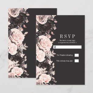 Dark Floral Blush Pink Charcoal Black Wedding RSVP Invitation